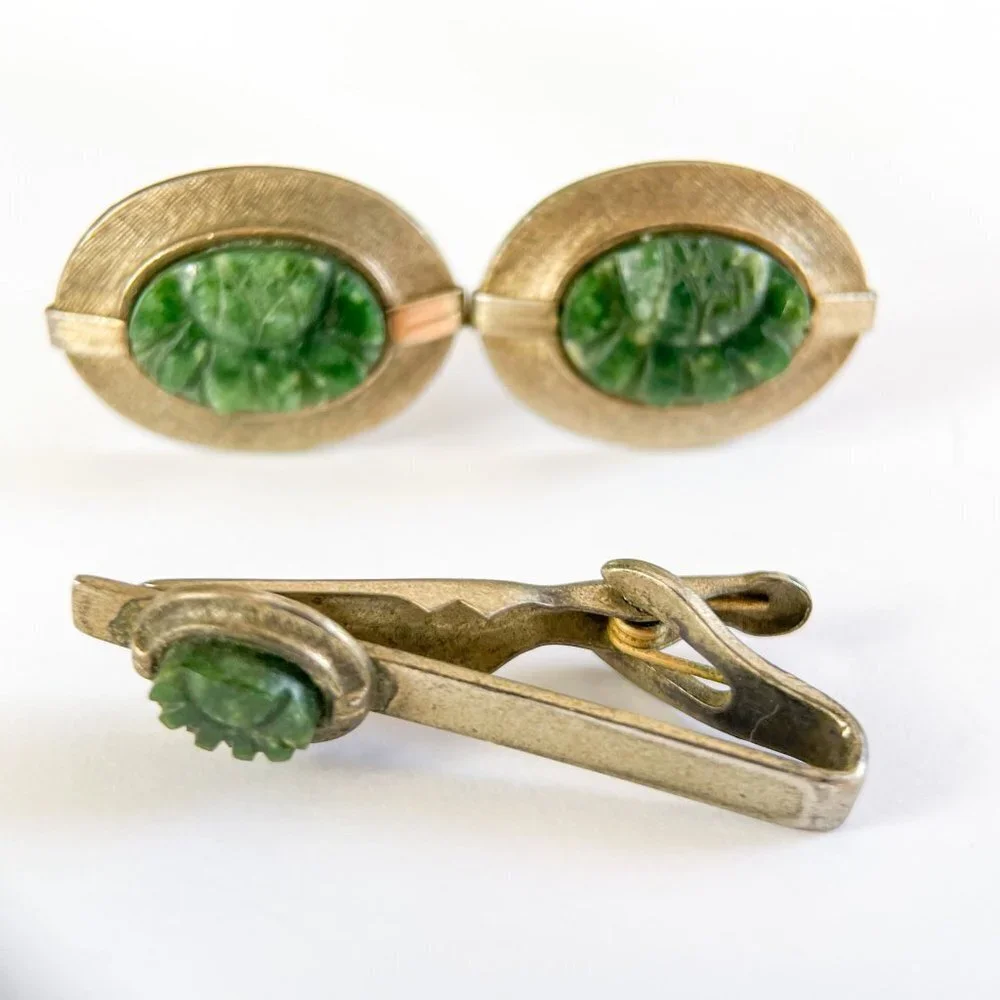 Vintage Cufflinks and Tie Clip Set Carved Stone Sterling Silver